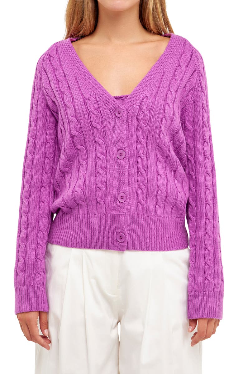 English Factory Cable Knit Cardigan, Alternate, color, Grape