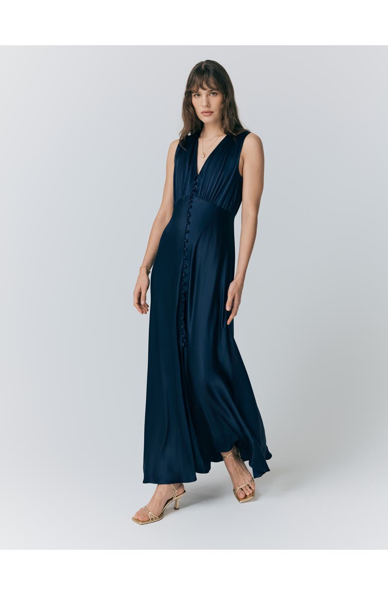Ghost London River V Neck Button Satin Maxi Dress, Alternate, color, Navy