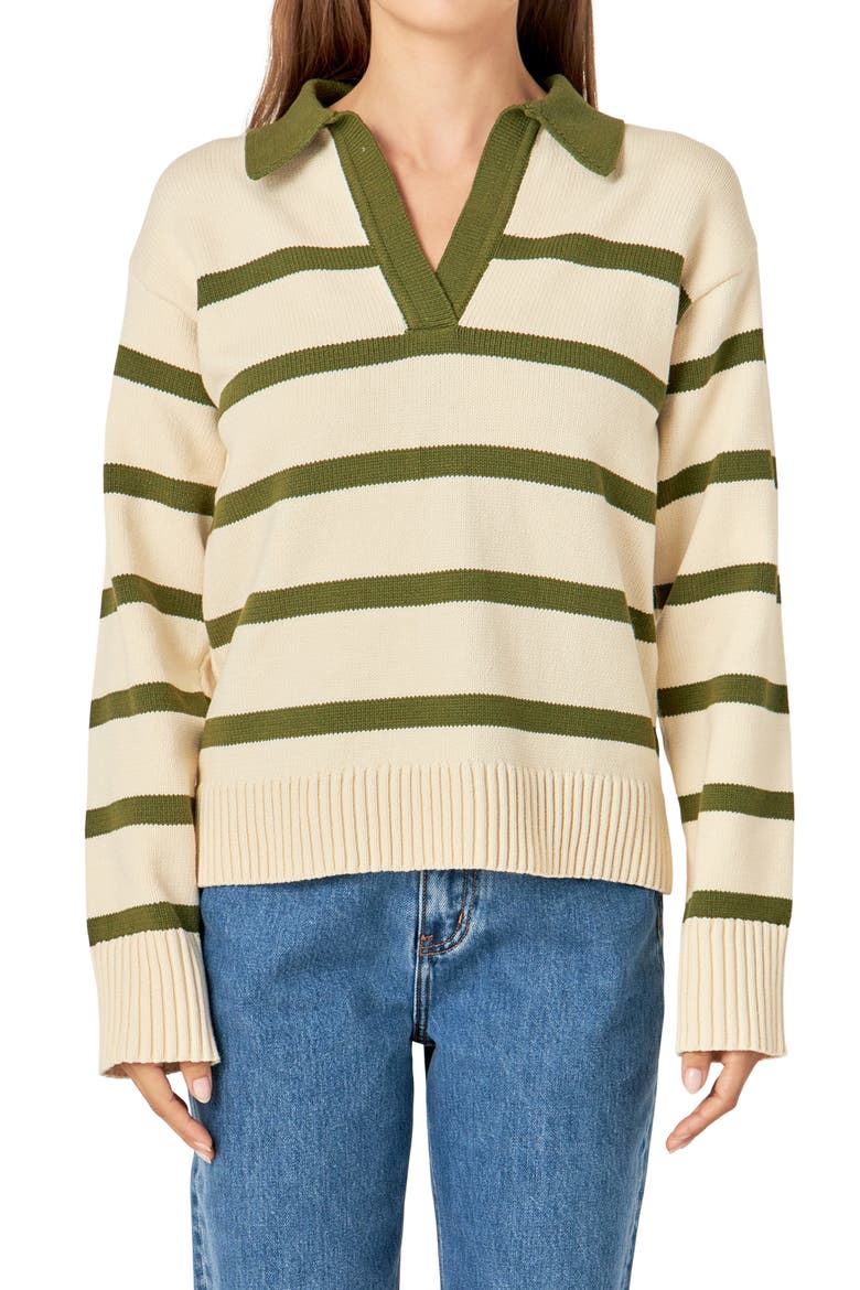 Stripe Collared Sweater, Main, color, CREAM/ OLIVE