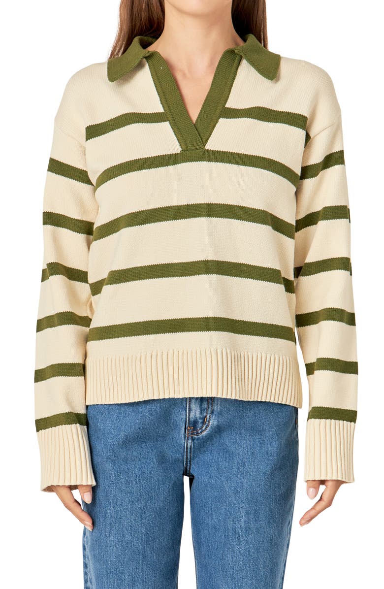 English Factory Stripe Collared Sweater, Main, color, Cream/ Olive