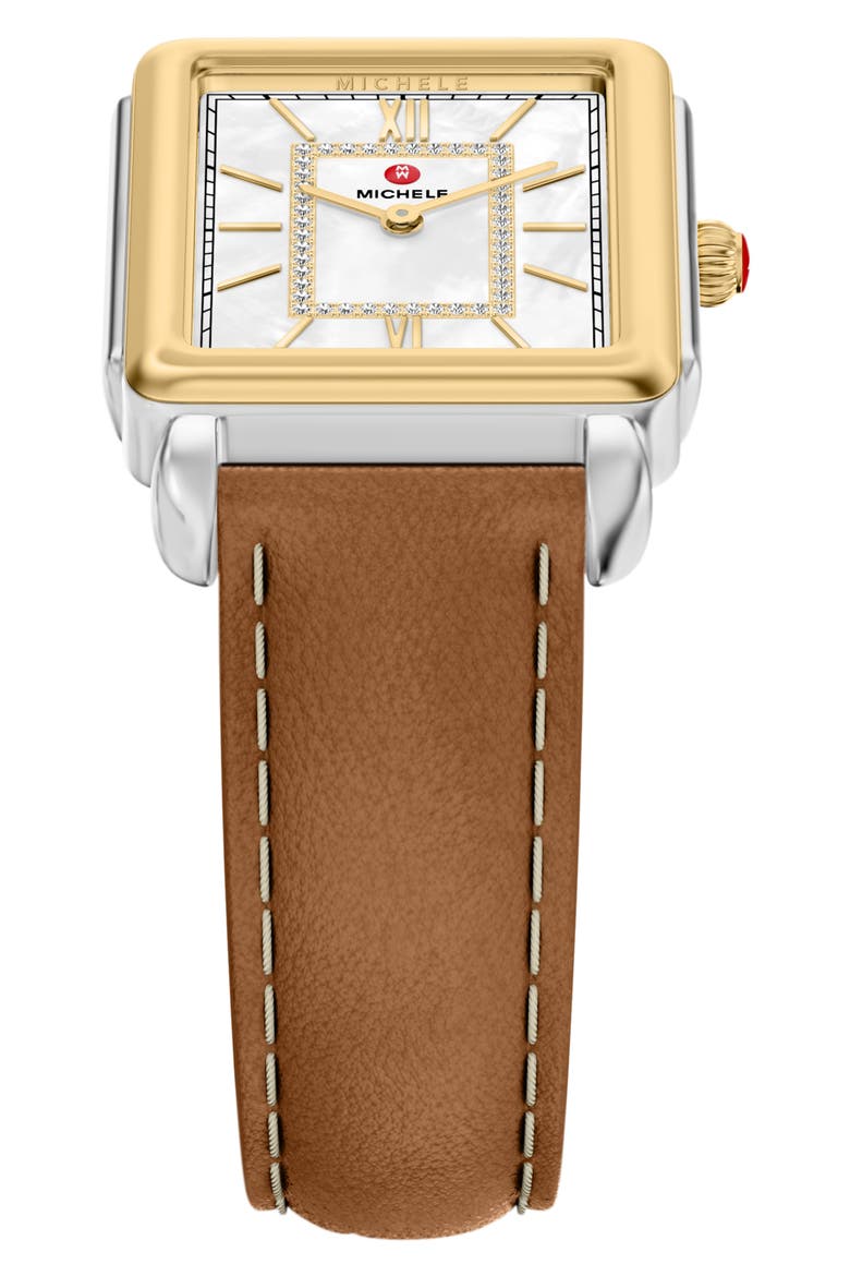 Deco II Diamond Mother-of-Pearl Leather Strap Watch, 26mm x 28mm, Alternate, color, SILVER