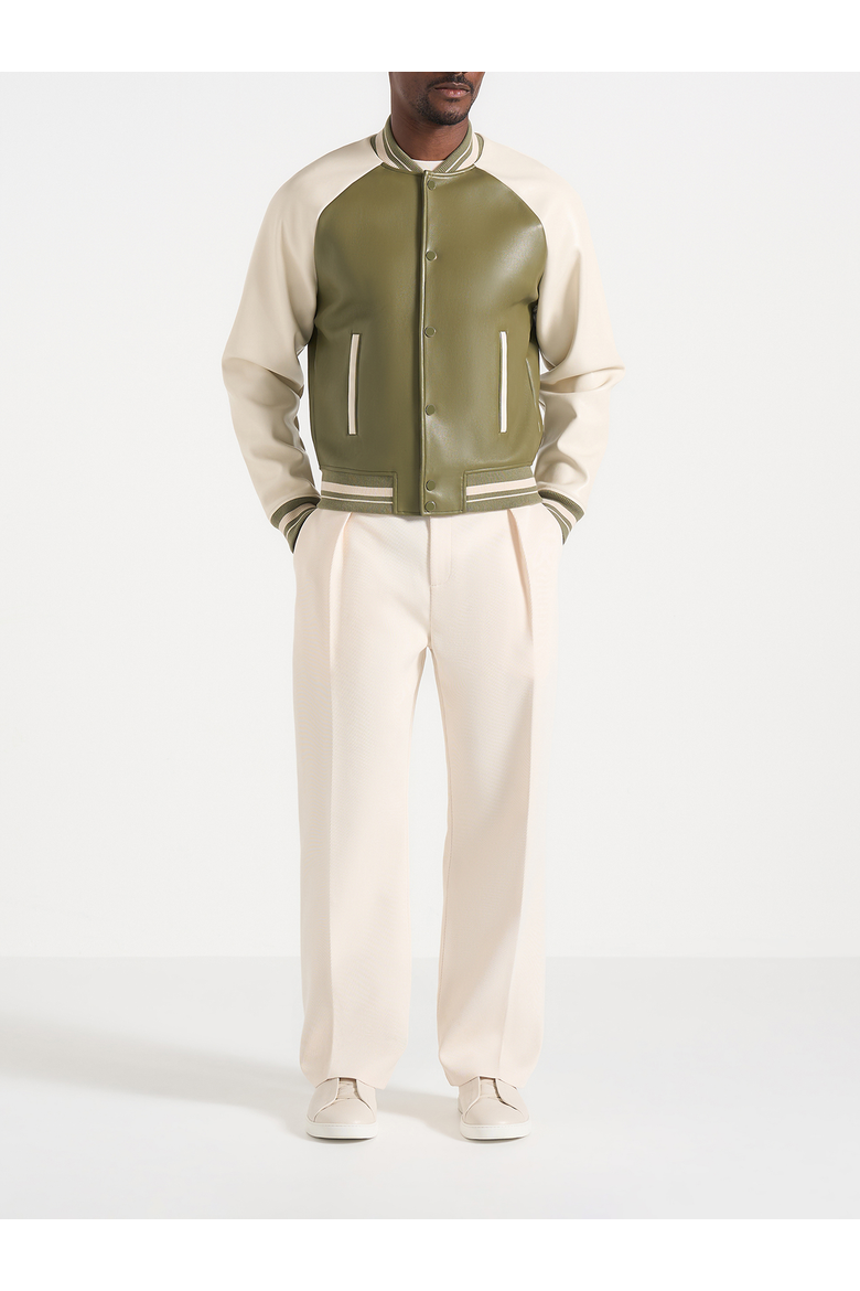 Guy Contrast Leather Bomber Jacket, Alternate, color, Olive/Cream