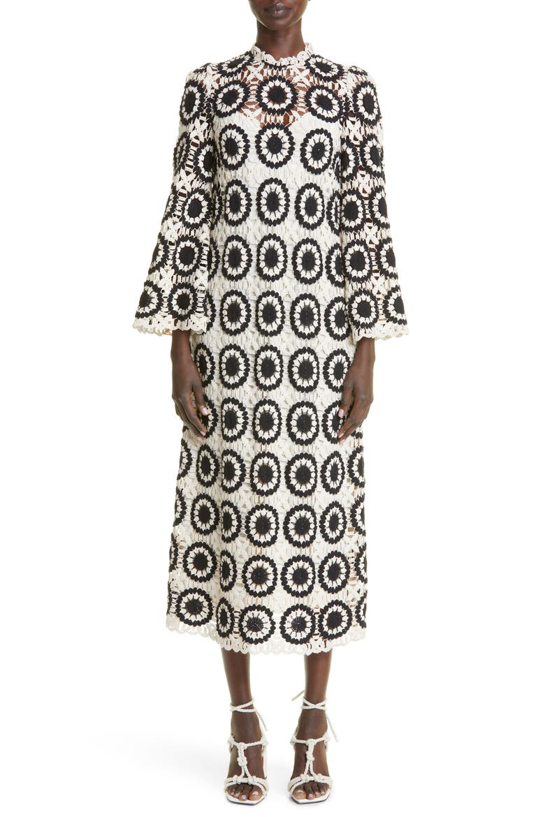 Ginger Long Sleeve Crochet Lace Midi Dress, Main, color, CREAM/ BLACK