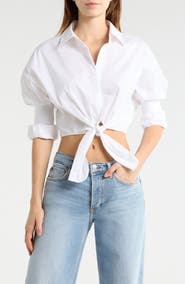 STAUD Lisa Crop Button-Up Tie Waist Top