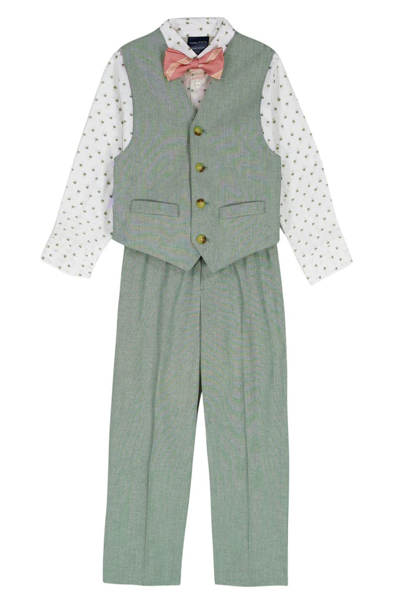 Nautica Kids' Button-Up Shirt, Waistcoat, Pants & Bow Tie Set, Main, color, Sage