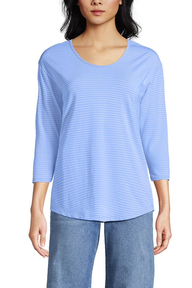 3/4 Sleeve Lightweight Jersey U-Neck Tunic, Main, color, Clear Blue Sky Thin Stripe