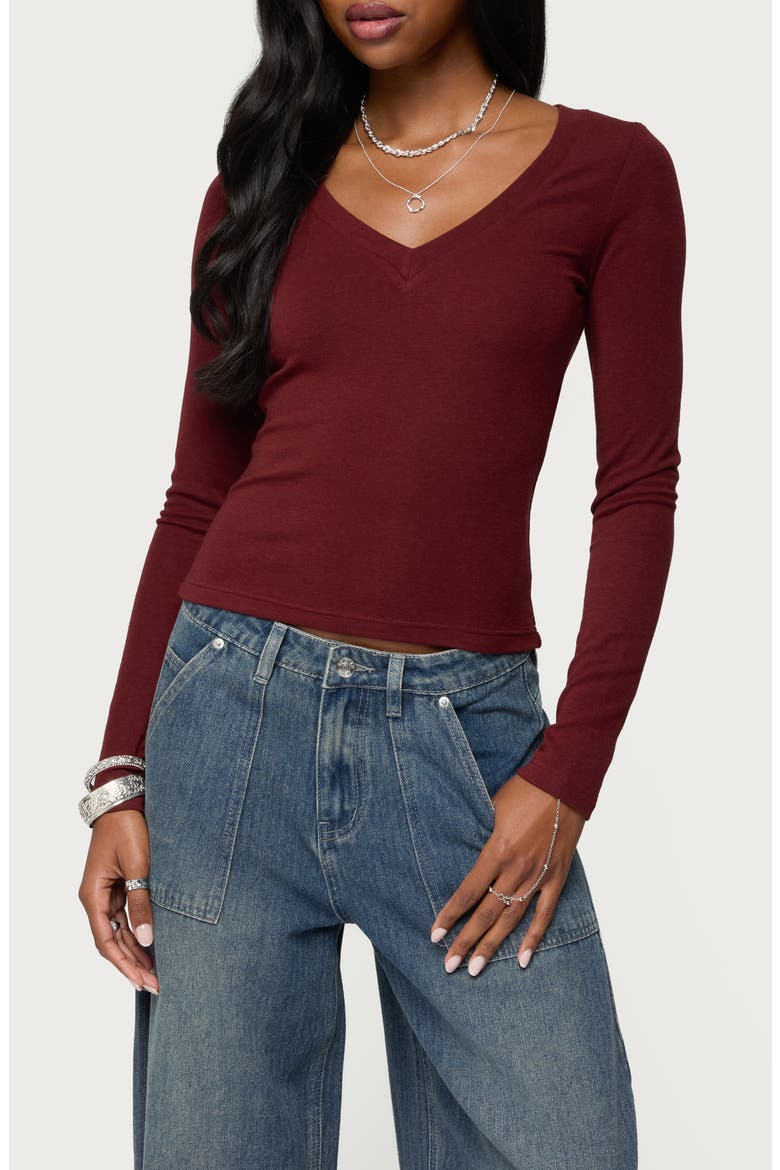 Larna Ribbed V-Neck Long Sleeve T-Shirt, Main, color, BURGUNDY