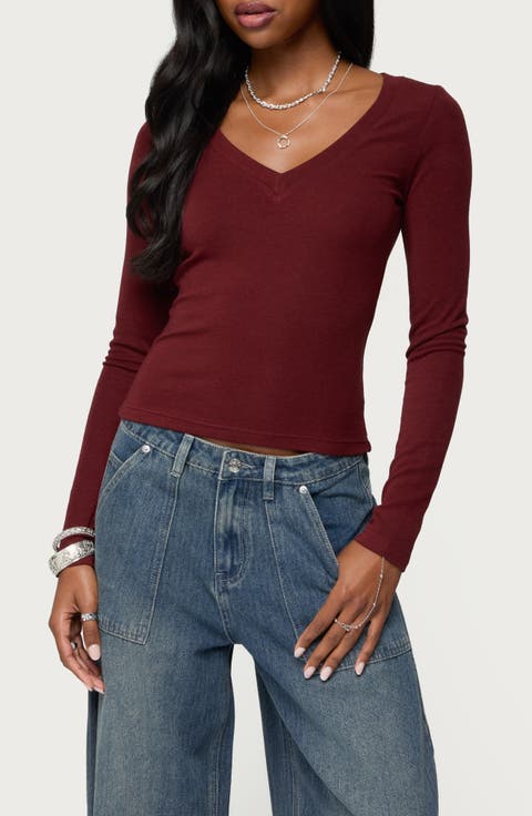 Larna Ribbed V-Neck Long Sleeve T-Shirt