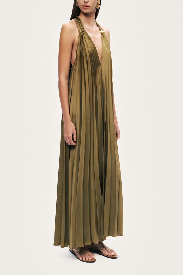 Pleated Halter Maxi Dress, Alternate, color, Khaki