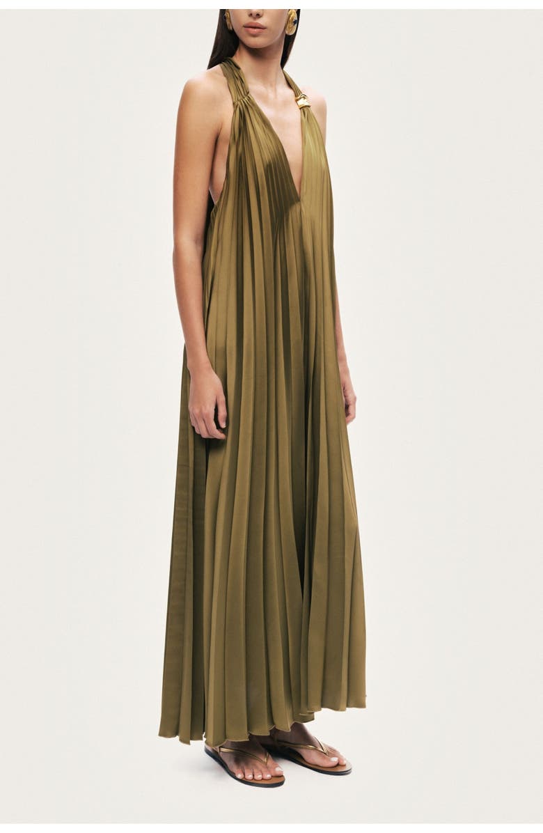 Nocturne Pleated Halter Maxi Dress, Alternate, color, Khaki