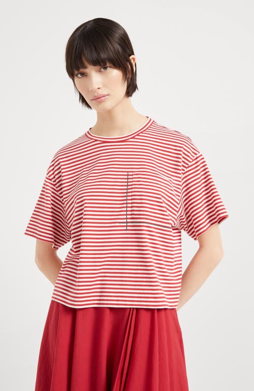 Brunello Cucinelli Red Crewneck T-shirt With All-over Striped Motif And Jewel Detail On The Front In In Red