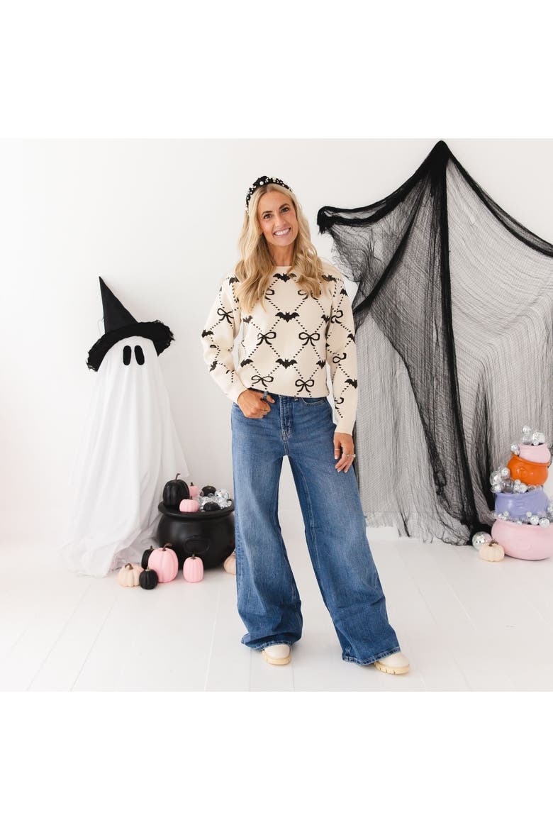 Bat Trellis Halloween Women's Sweater, Alternate, color, Ivory