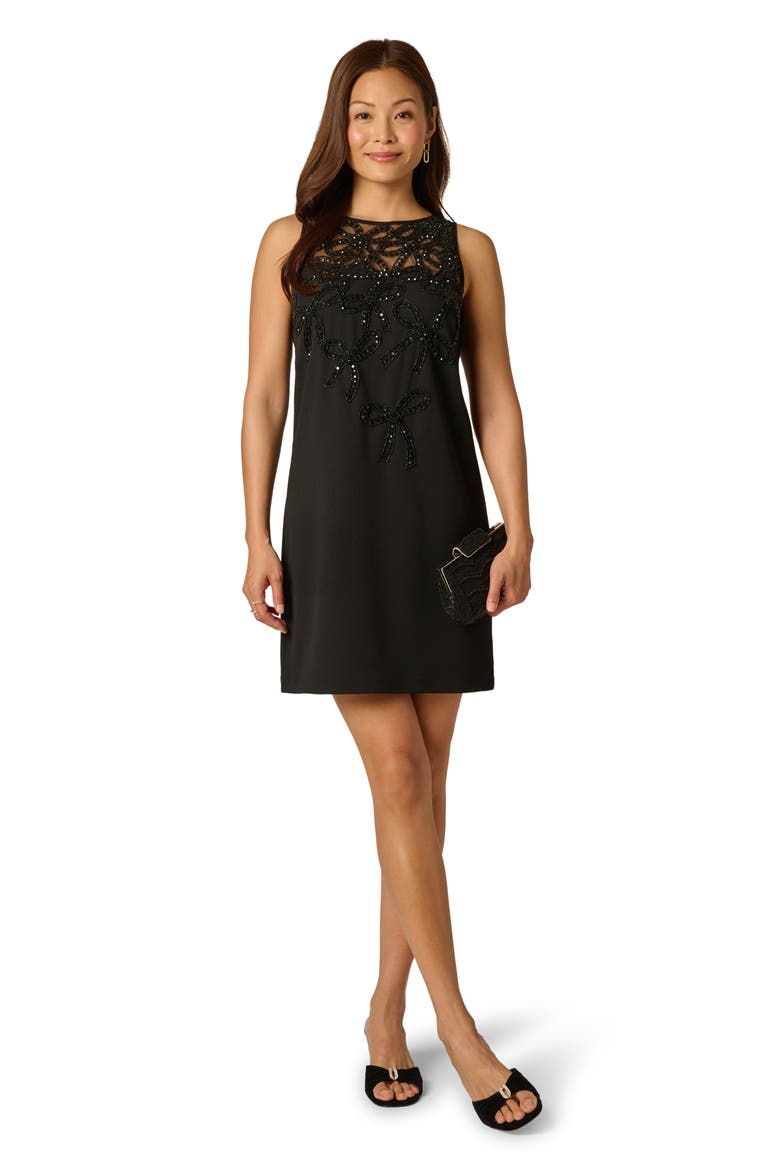 Beaded Bow Crepe Shift Dress, Alternate, color, BLACK