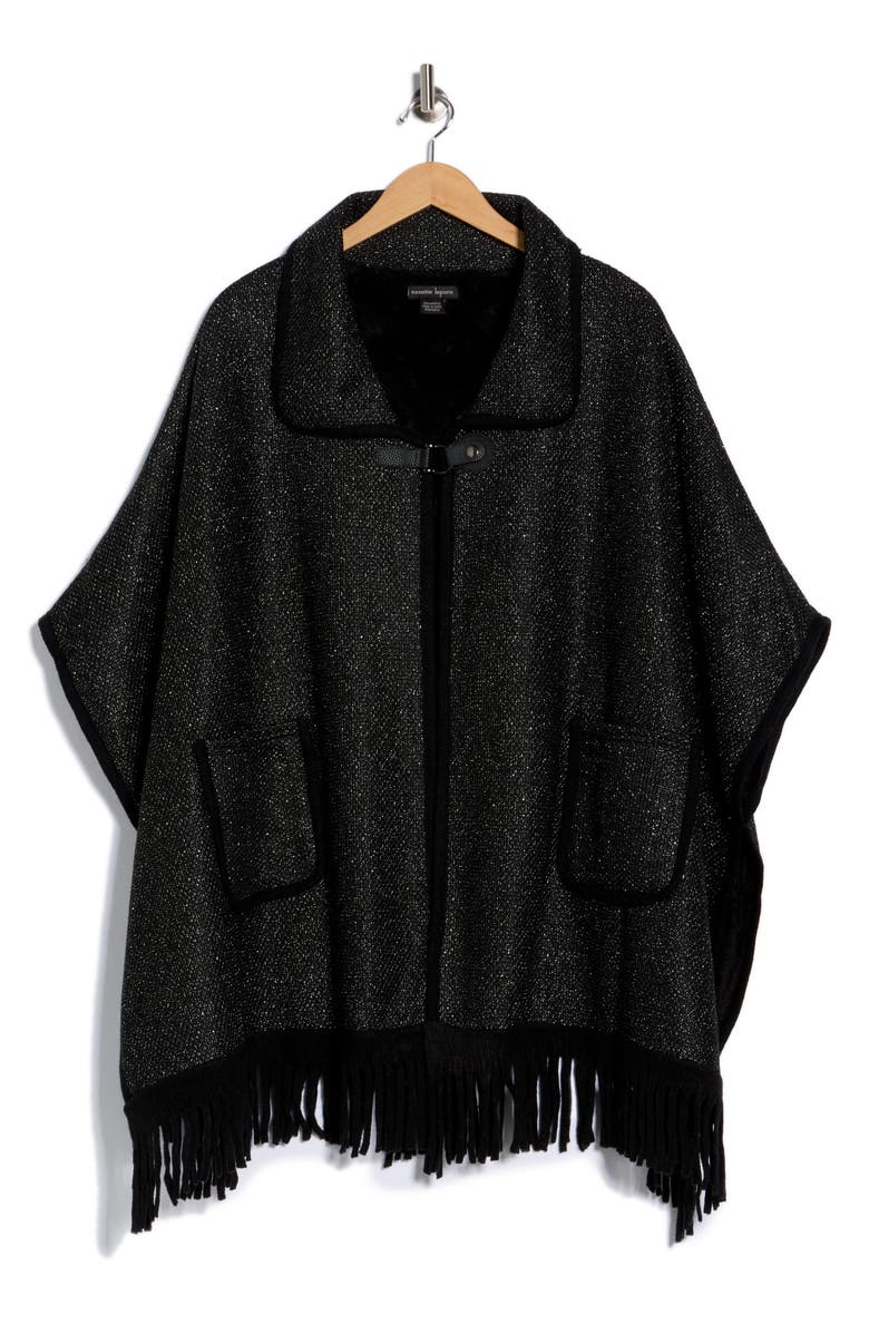 Nanette Lepore Faux Fur Lined Jacquard Ruana, Alternate, color, Black