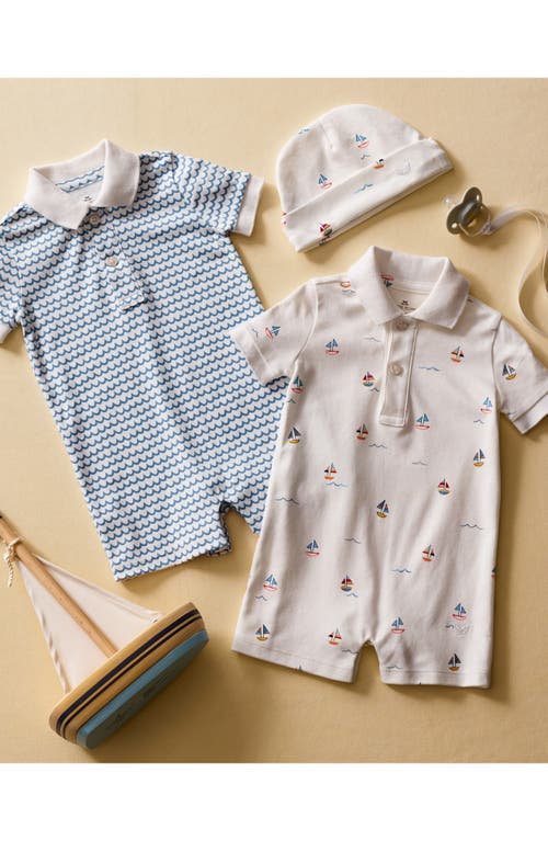 Petite Plume Sailboat Print Pima Cotton Polo Romper In White