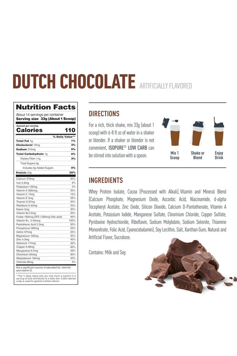 Low Carb Pure Whey Isolate Protein Powder Dutch Chocolate, Alternate, color, None
