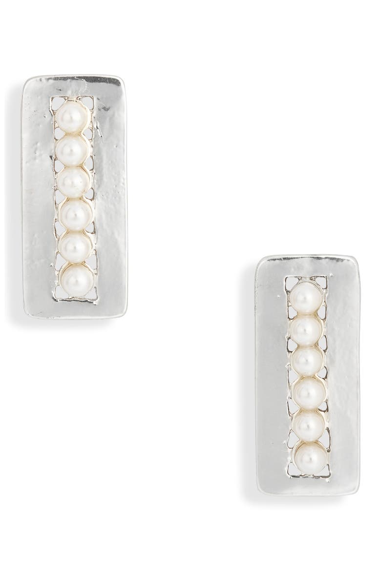 Faux Pearl Rectangular Drop Earrings, Main, color, SILVER