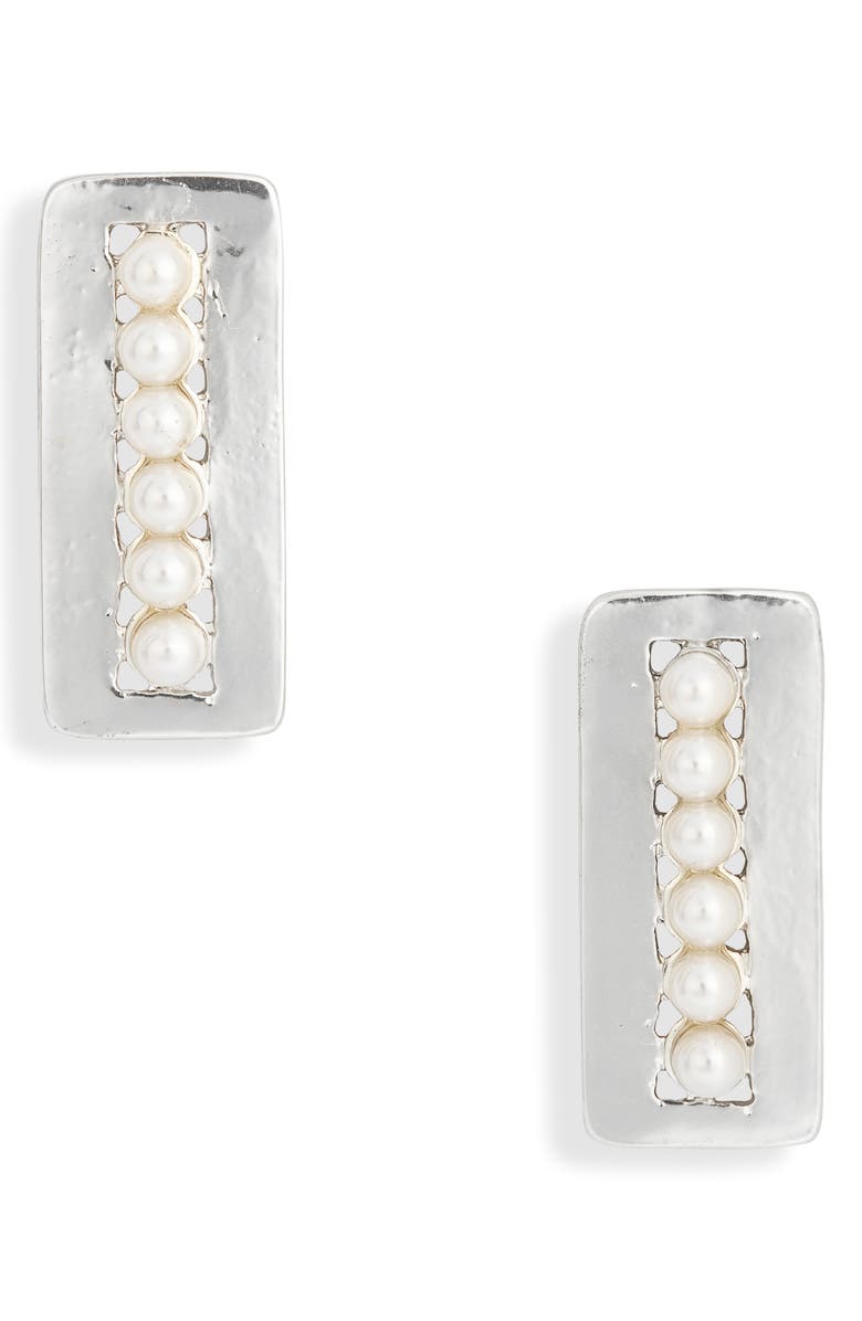 Karine Sultan Faux Pearl Rectangular Drop Earrings, Main, color, Silver