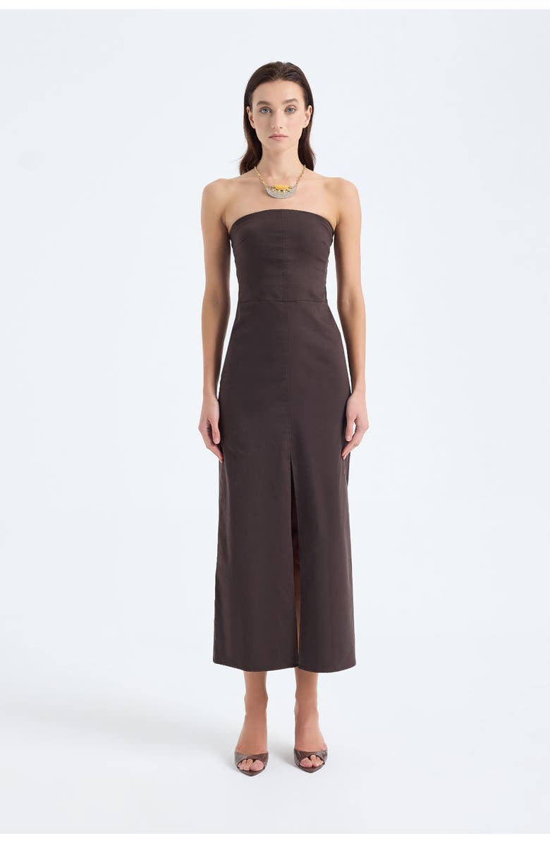 Monlicia Akasha Strapless Cotton Blend Midi Dress, Alternate, color, Brown
