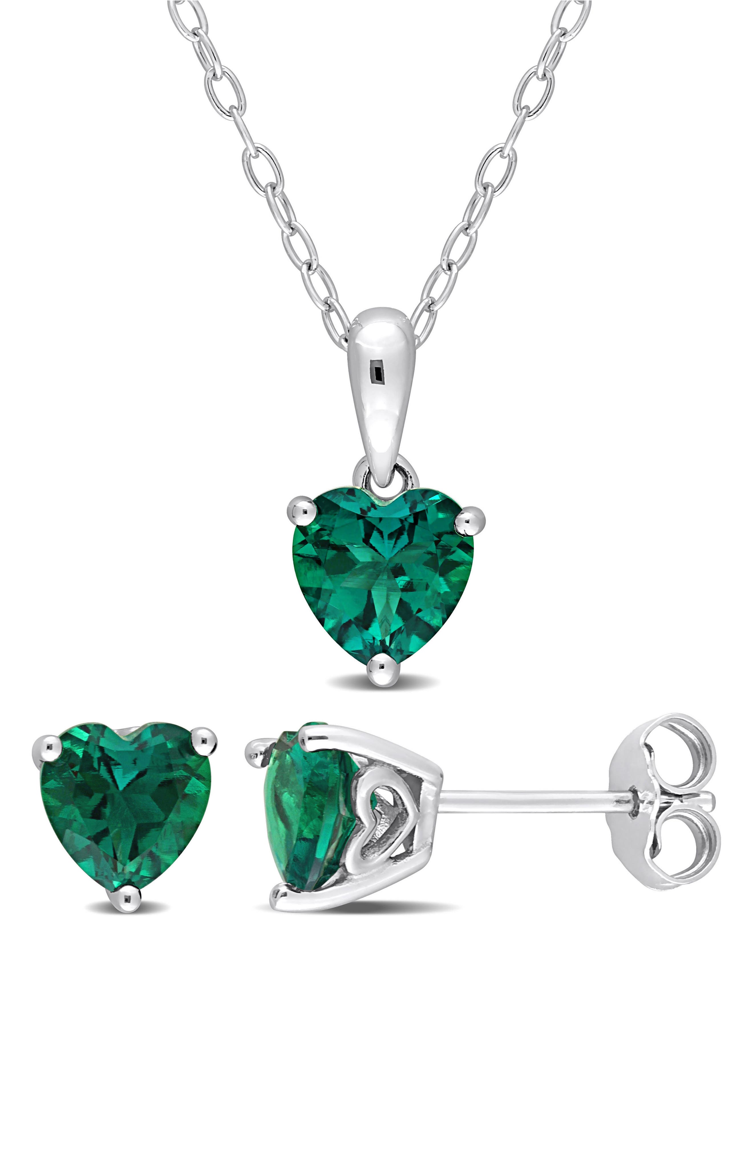 DELMAR Heart Cut Lab Created Emerald Pendant Necklace & Stud Earrings