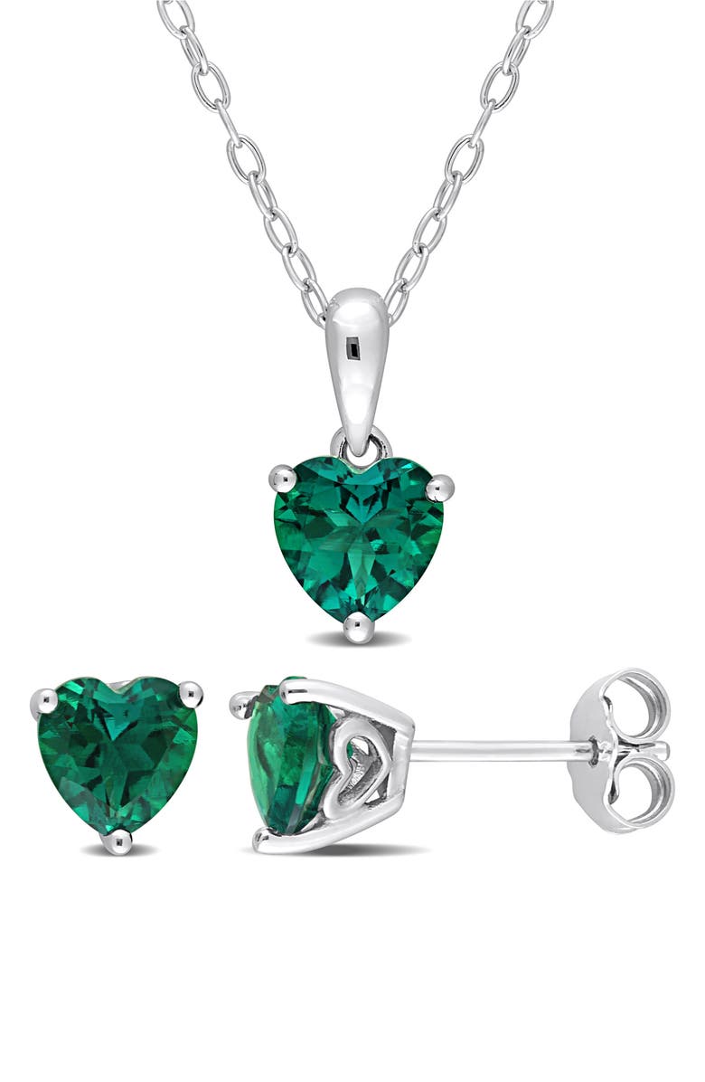 DELMAR Heart Cut Lab Created Emerald Pendant Necklace & Stud Earrings, Main, color, Green