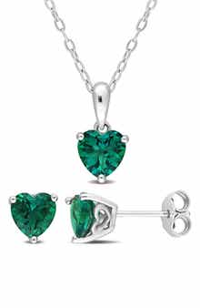 DELMAR Heart Cut Lab Created Emerald Pendant Necklace & Stud Earrings