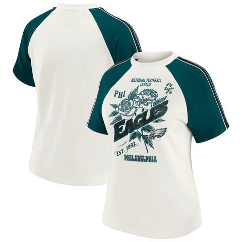 Women's WEAR by Erin Andrews White Philadelphia Eagles Sleeve Stripe Distressed Raglan T-Shirt