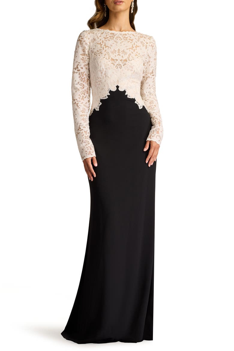 Mixed Media Long Sleeve Sequin Lace Bodice Gown, Main, color, IVORY/ BLACK