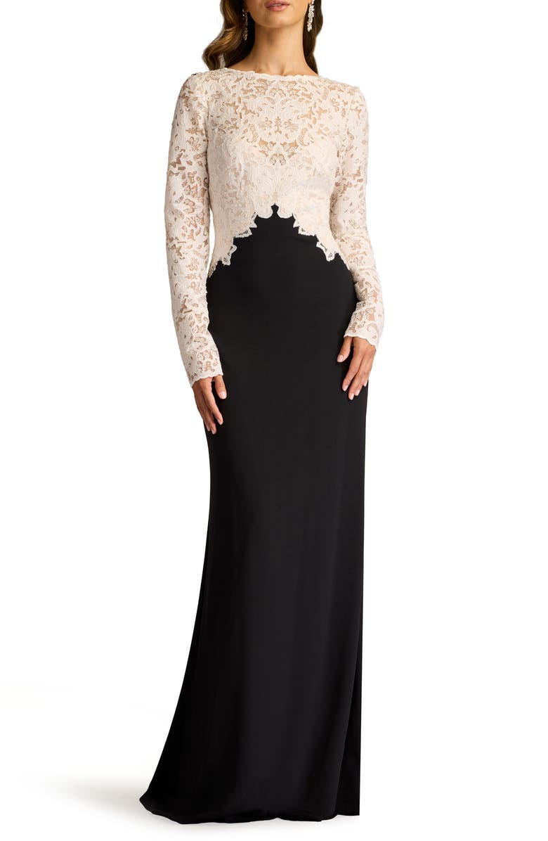 Tadashi Shoji Mixed Media Long Sleeve Sequin Lace Bodice Gown, Main, color, Ivory/ Black