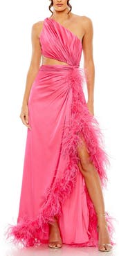 Mac Duggal One Shoulder Feather Lined High Slit Gown
