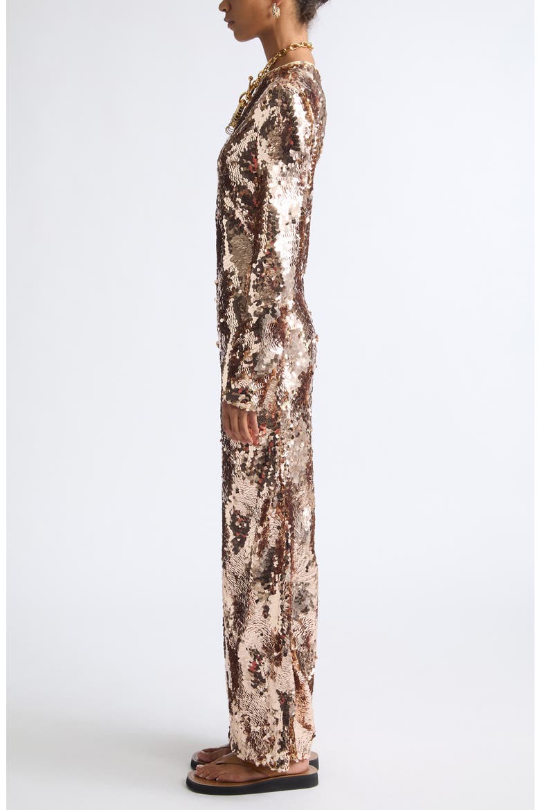 Long Sleeve Sequin Evening Dress, Alternate, color, ROSE GOLD / YELLOW