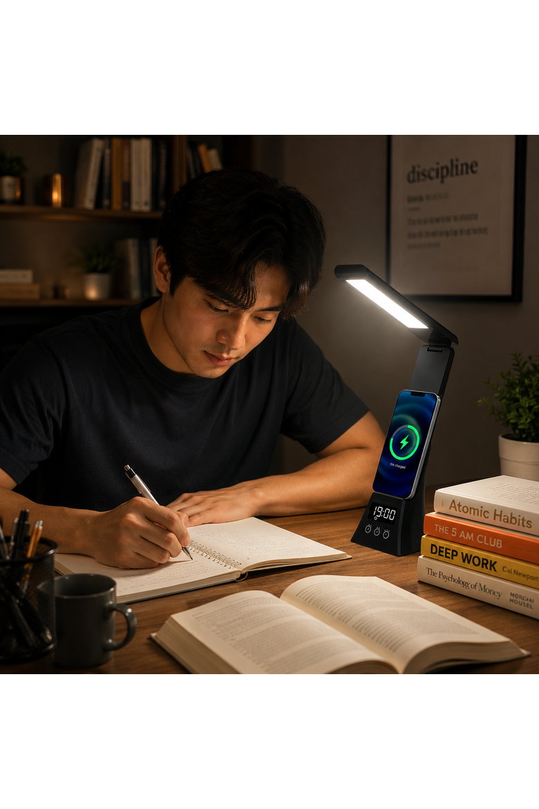3-in-1 LED Desk Lamp with Charger & Alarm Clock, Alternate, color, Black