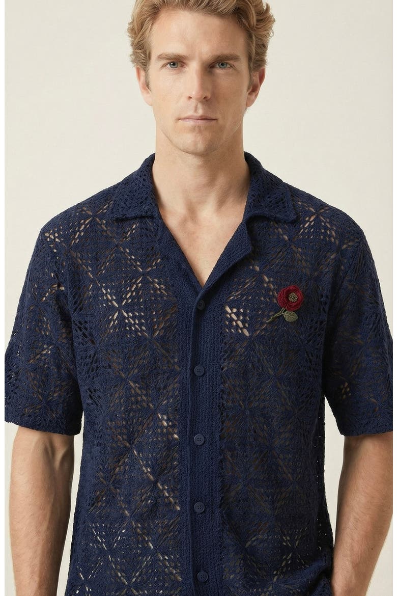Open Knit Short Sleeve Shirt, Alternate, color, Navy Blue