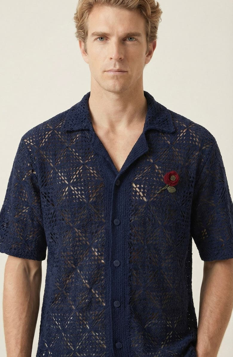 Modenaire Open Knit Short Sleeve Shirt, Alternate, color, Navy Blue