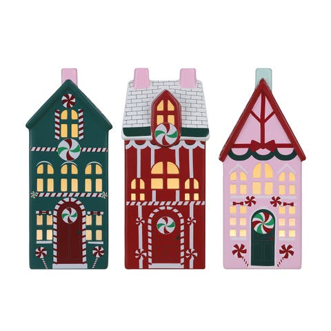 9 in. Set of 3 Ceramic Illuminated Flat Houses