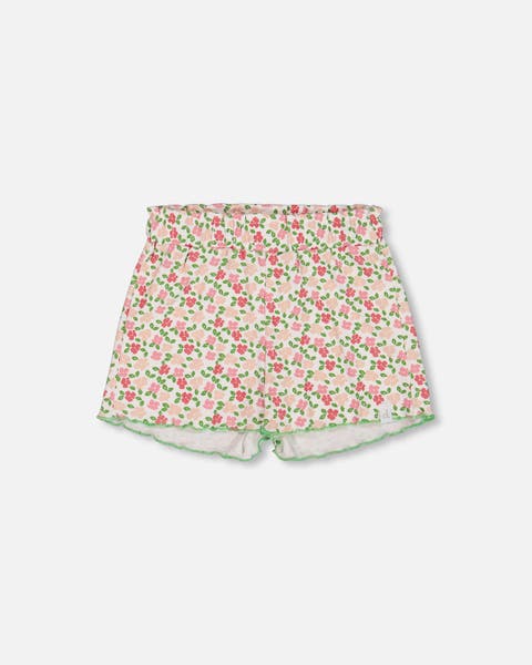 Girl's Printed Ribbed Short Small Flowers On White Background
