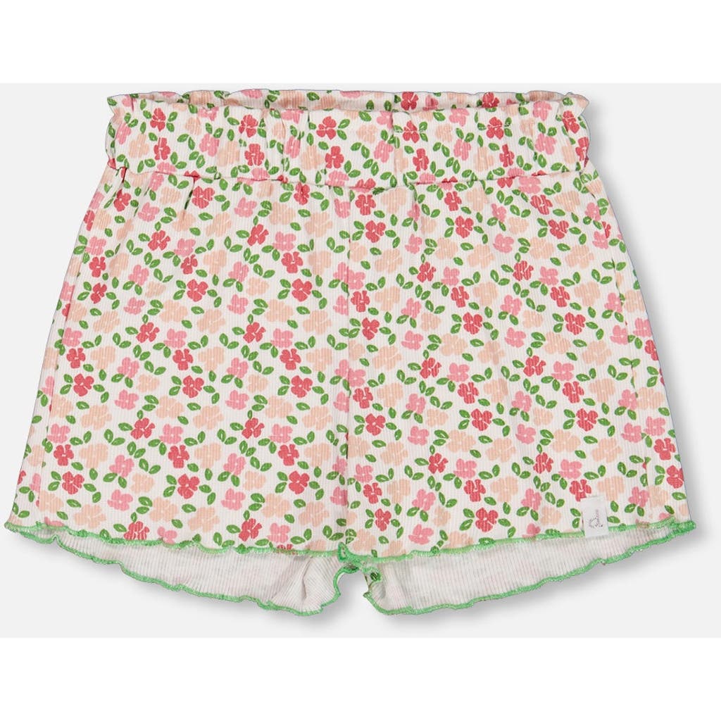 Deux Par Deux Girl's Printed Ribbed Short Small Flowers On White Background In Small Flowers On White