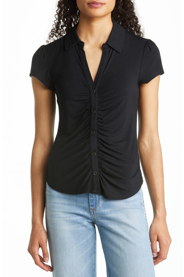 Dream Shirred Placket Knit Button-Up Shirt, Main, color, BLACK
