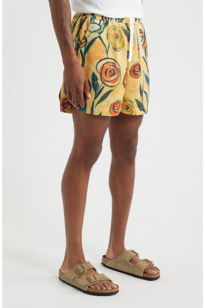 Floral Brush Drawstring Shorts, Alternate, color, ORANGE