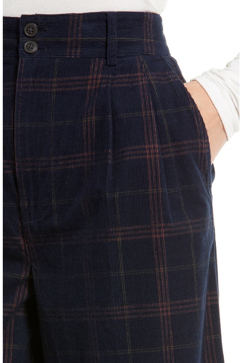 Windowpane Plaid Pleated Corduroy Wide Leg Pants, Alternate, color, BLUE MULTI PLAID AP