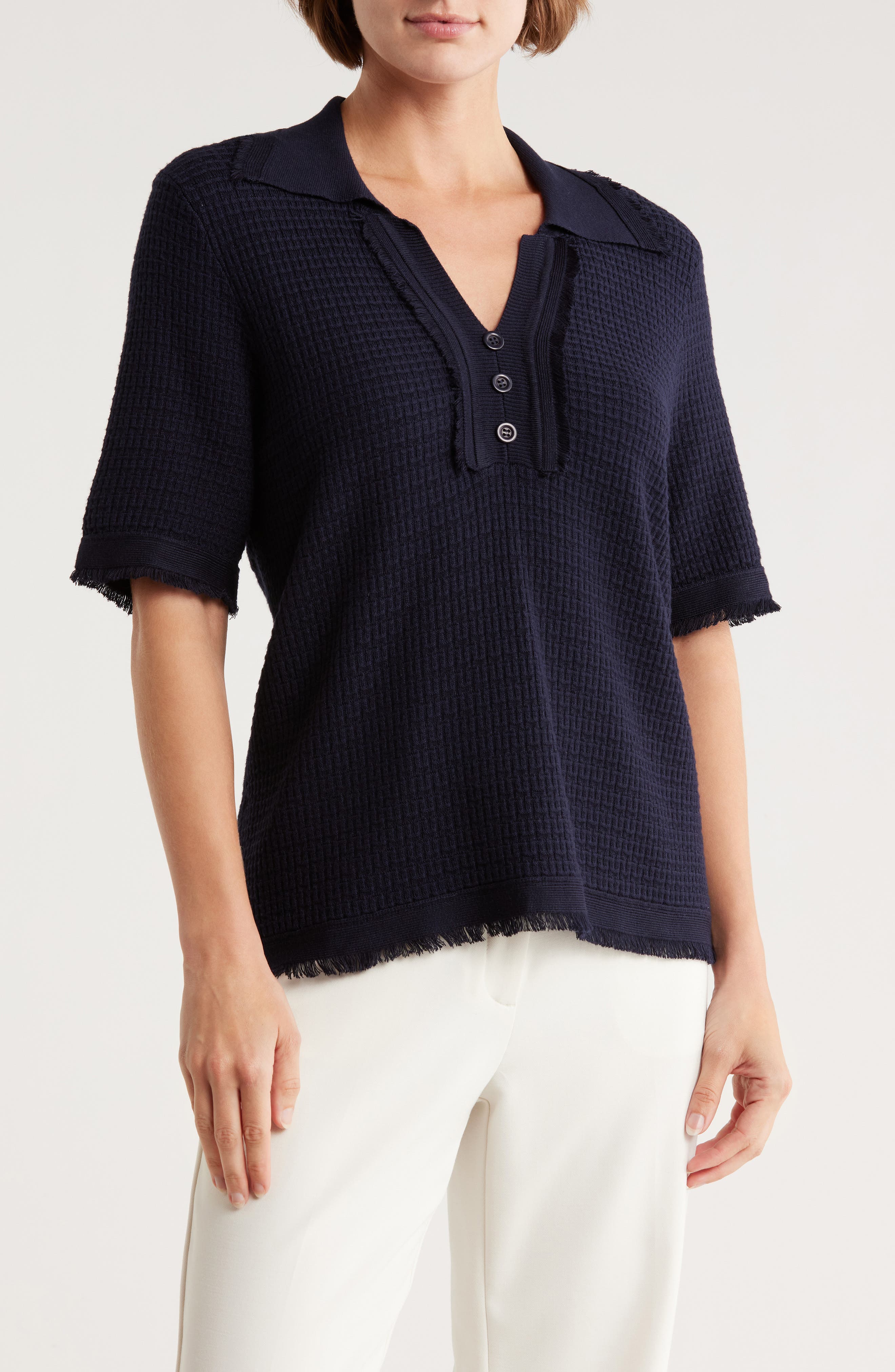 Adrianna Papell Frayed Edge Johnny Collar Polo