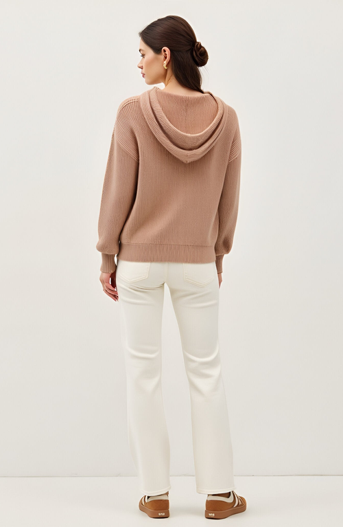 Modenaire Knit Button Front Hoodie With Ribbed Hem And Drop Shoulders In Brown