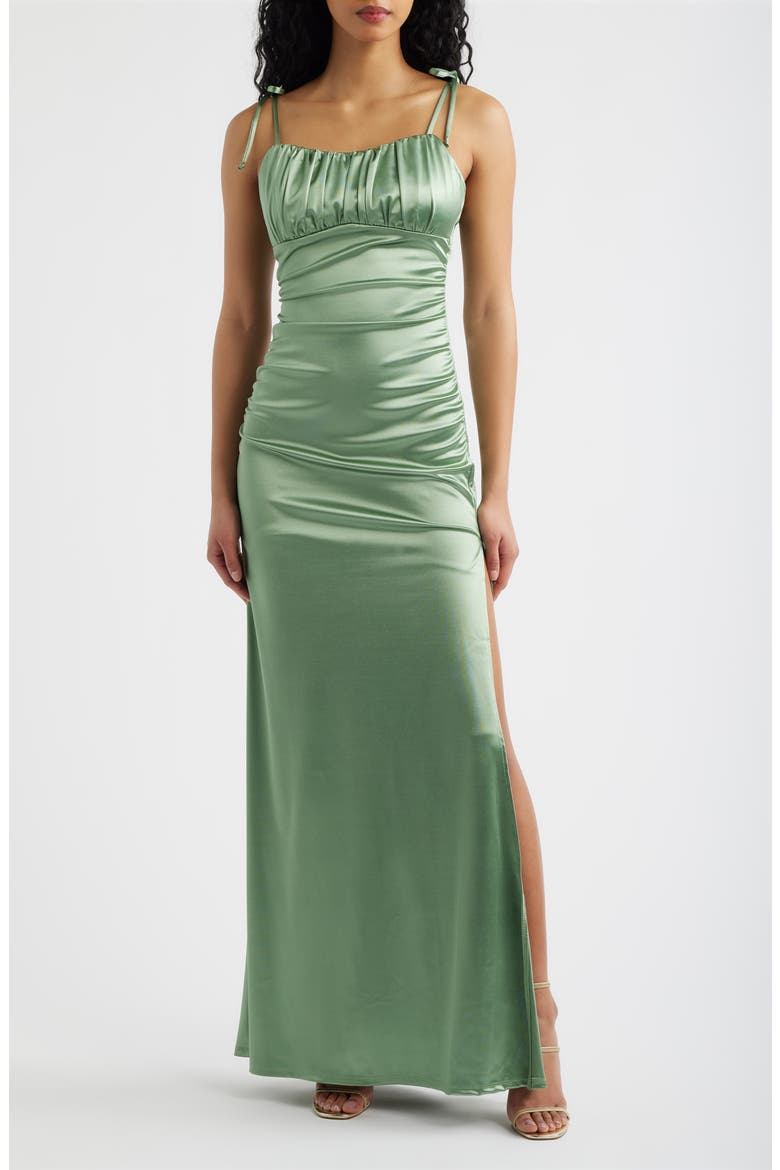 Emma Ruched Tie Strap Satin Gown, Main, color, PISTACHIO