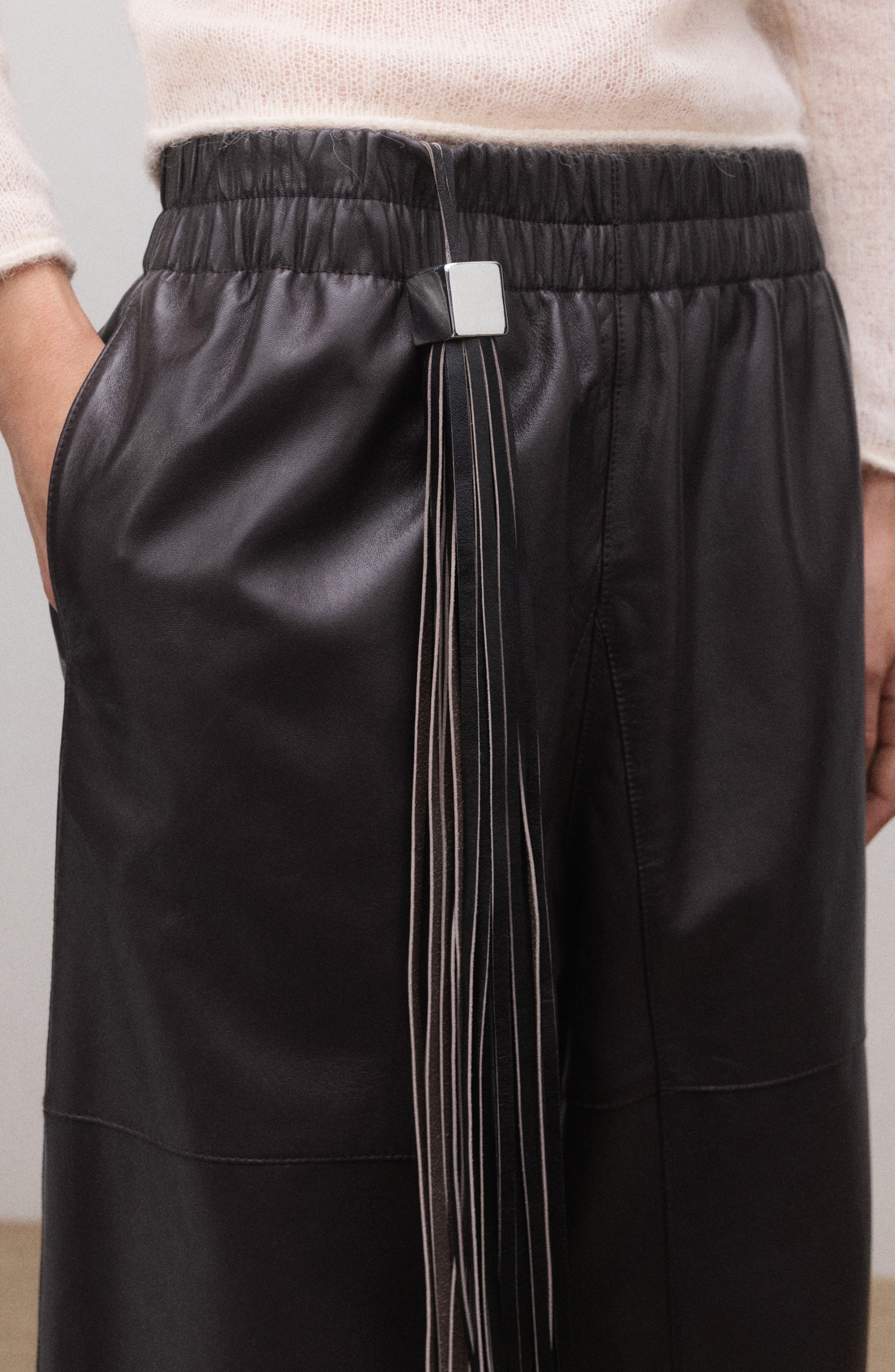 MANGO Leather Fringe Keychain, Alternate, color, Black