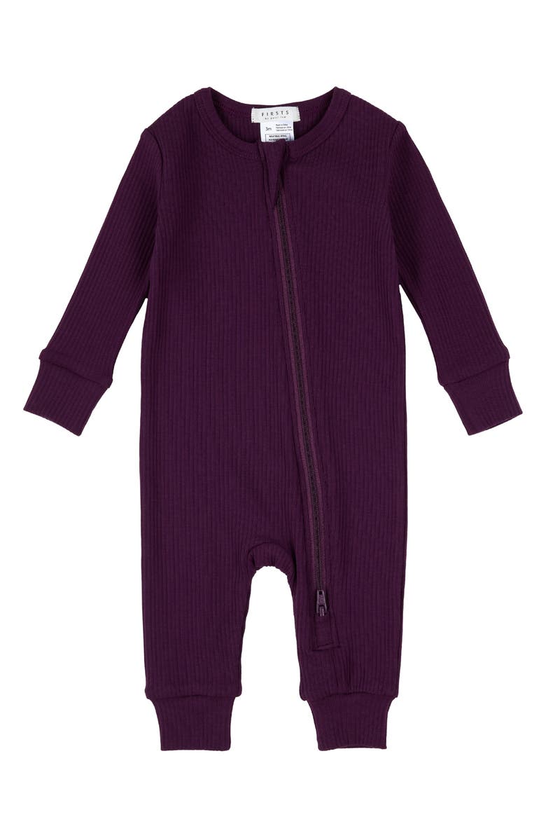 FIRSTS by Petit Lem Cotton Blend Rib Romper, Main, color, Dark Purple