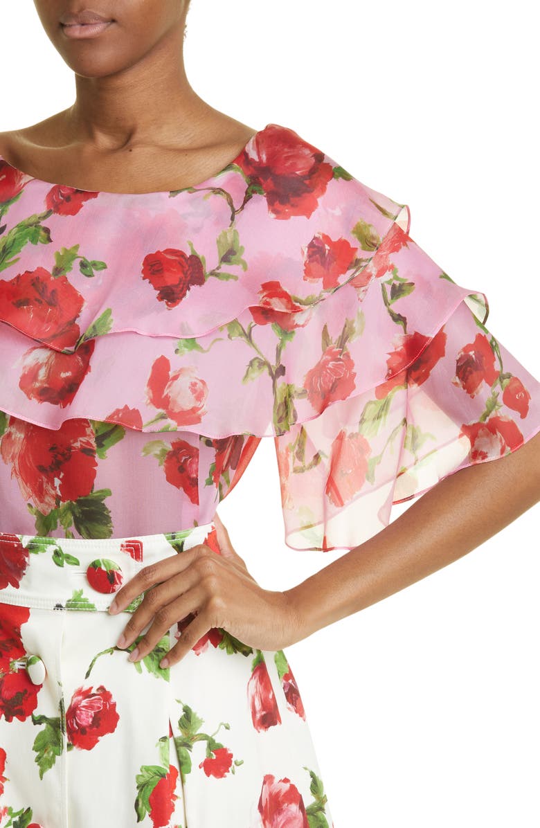 Carolina Herrera Rose Print Tiered Ruffle Silk Organza Top, Alternate, color, 