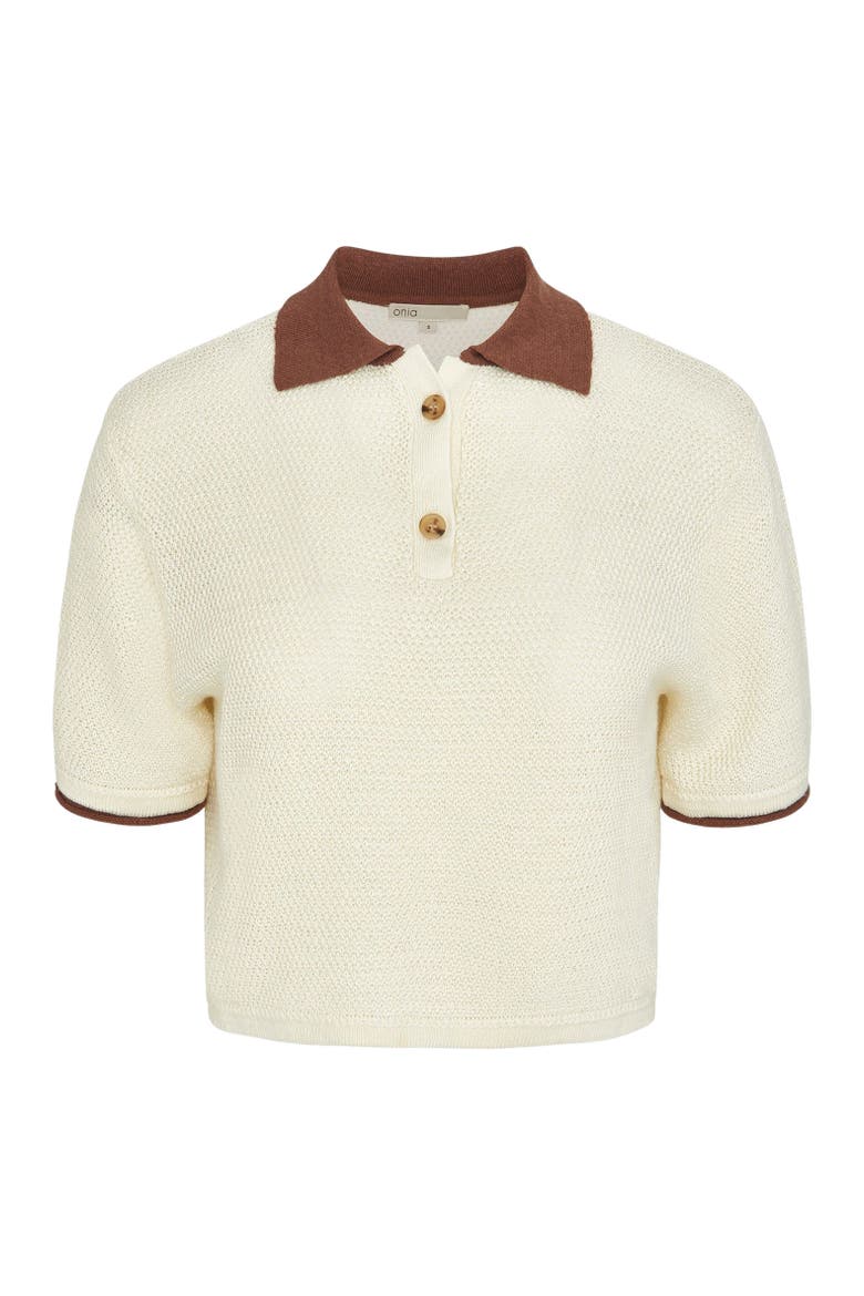 Cropped Knit Polo, Alternate, color, Egret/Brown