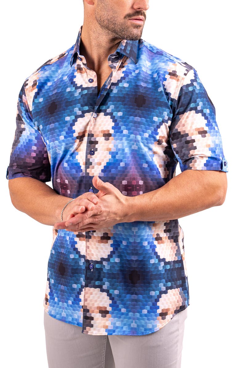 Maceoo Galileo Resistance2201 Blue Pixelated Face Print Short Sleeve Button-Up Shirt, Alternate, color, Blue