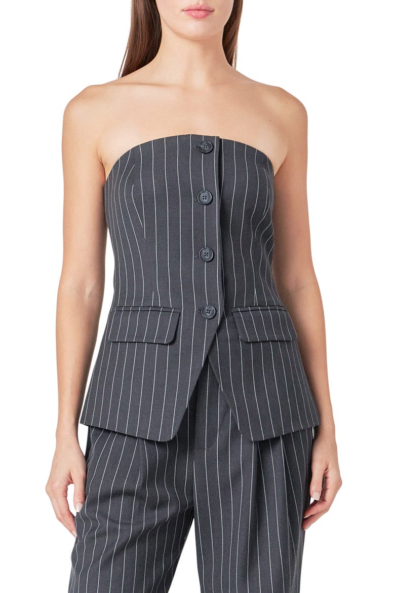 Pinstripe Strapless Button Front Top, Main, color, CHARCOAL