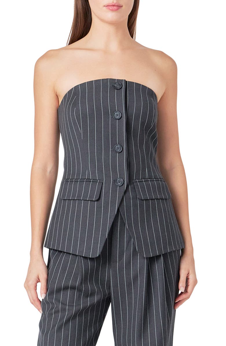 Endless Rose Pinstripe Strapless Button Front Top, Main, color, Charcoal